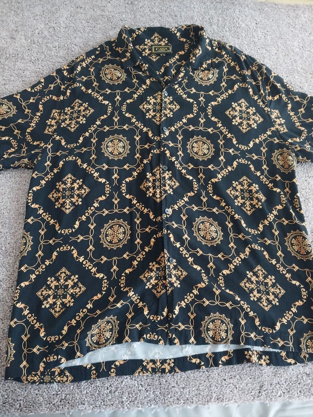 Casa Moda Couture Black Short Sleeve Button-Up with Gold Baroque Pattern
